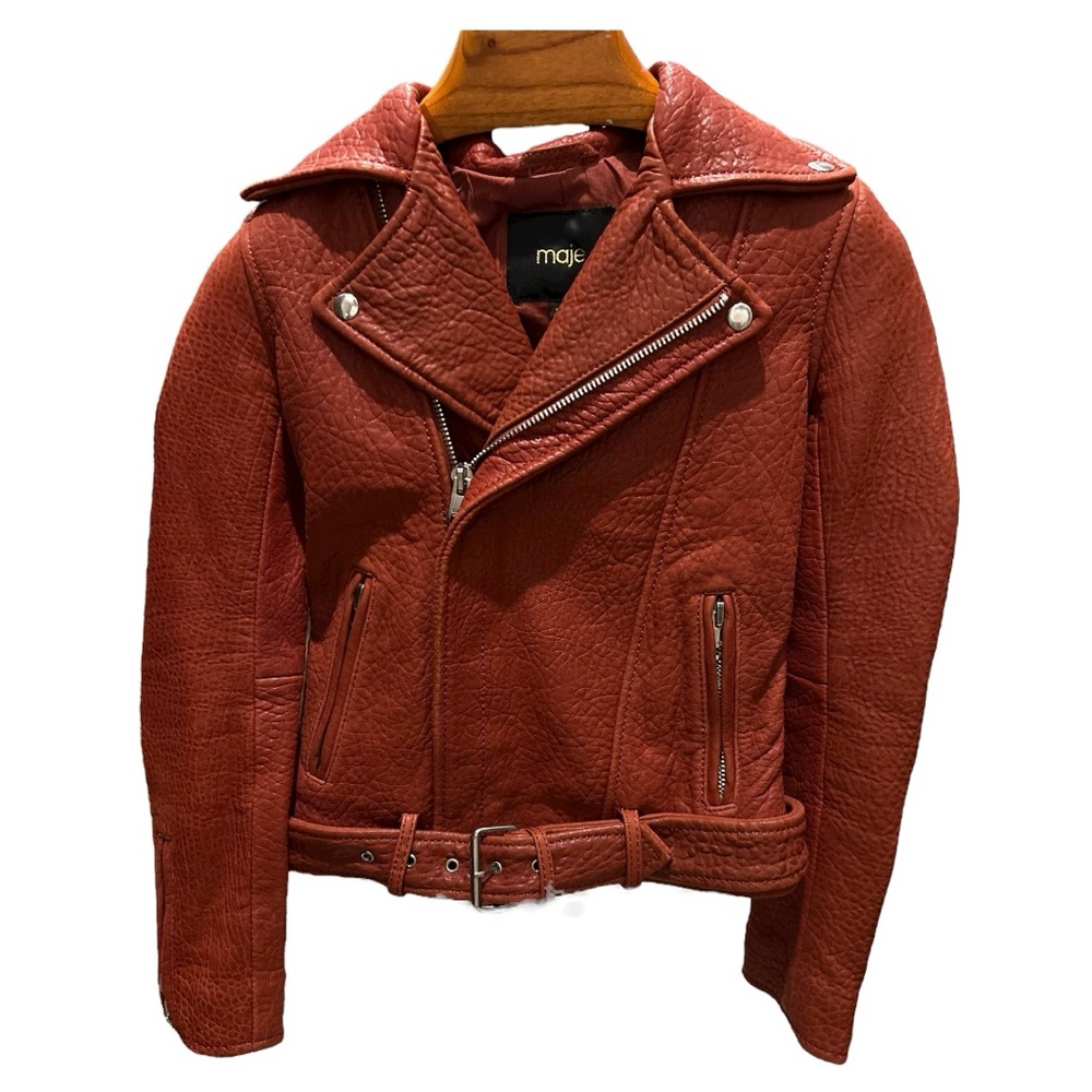 Maje Lambskin Pebbled Leather Moto Jacket — Rust Colour- X-Small